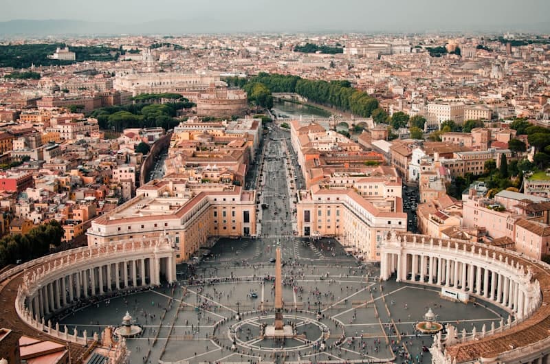 Ranked sixth: aerial view down a wide avenue toward a domed basilica in Rome